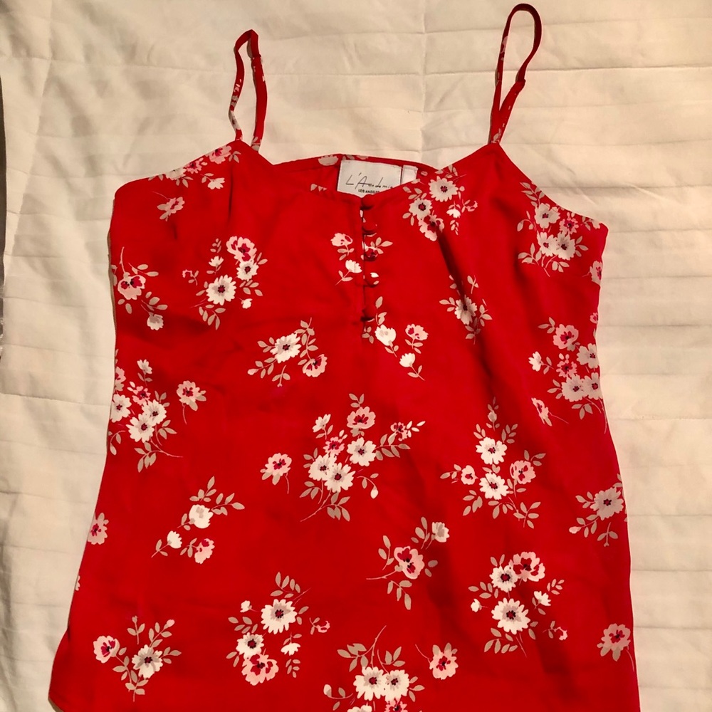 Revolve red floral tank, covered button top XS